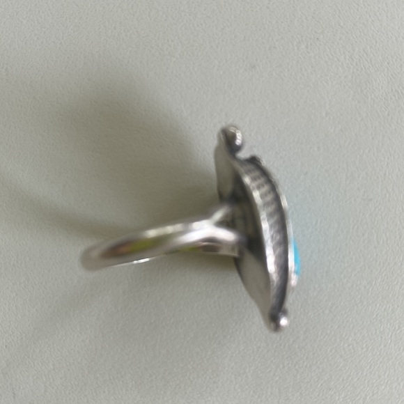 VTG Sterling squash blossom turquoise stone ring Southwestern ethnic rustic 7.5 - Picture 4 of 7